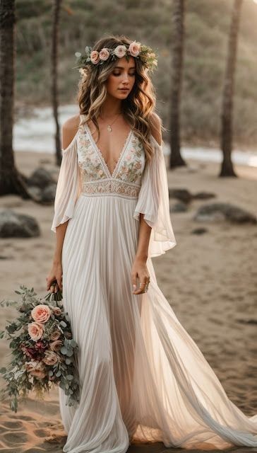 15 Beach Wedding Dresses For Every Type of Bride: The Best 2024 Ideas Boho Wedding Beach Dress, Boho Bride Dress Simple, Boho Outdoor Wedding Dress, Beachy Vow Renewal Dress, Wedding Dress Boho Chic Romantic, Small Forest Wedding Dress, Fall Beach Wedding Dress, Hippie Boho Wedding Dress, Boho Forest Wedding Dress