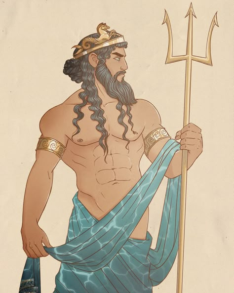 Greek Gods Poseidon, Chaos Greek God, Roman And Greek Art, Posiden Drawings, Posiden Fan Art, Neal Illustrator Poseidon, Triton God, Greek God Poseidon Art, Poseidon Fanart