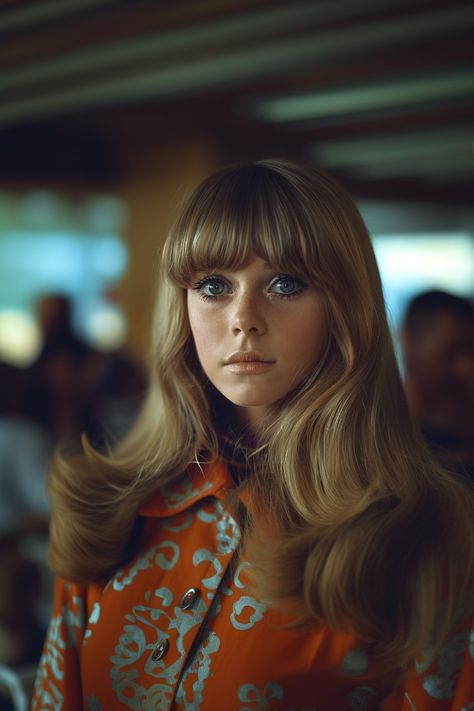 Woman with long straight blonde hair with bangs, vintage makeup, 1970s 70s Make Up And Hair, Early 70s Hair, 1970s Long Hair, 70s Hair With Bangs, 70s Hair Women, 70s Hair Bangs, 1970s Bangs, 70s Hair And Makeup 1970s Hairstyles, 60s Long Hair