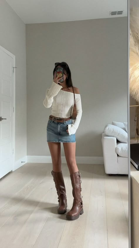 Off Shoulder Sweaters Outfit, Fall Outfits 2024 Boots, Cute Brown Fall Outfits, Off Shoulder And Skirt Outfit, Casual Cute Going Out Outfits, Fall Outfits With Denim Skirt, Fall Skirt Outfits Casual, Skirt And Brown Boots Outfit, Brown Fall Boots Outfits