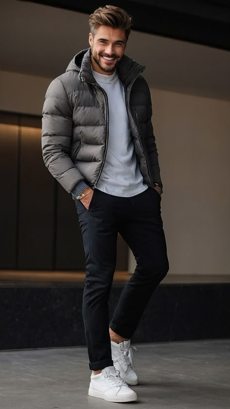 Mens Outfits With Hoodies, Casual Men Outfits Athletic, Chino Winter Outfit Men, Mens Football Game Outfit, Winter Athletic Outfits Men, Mens Style 2024 Winter, Zara Men Outfits Winter, Men’s Winter Fit, Men Mountain Outfit