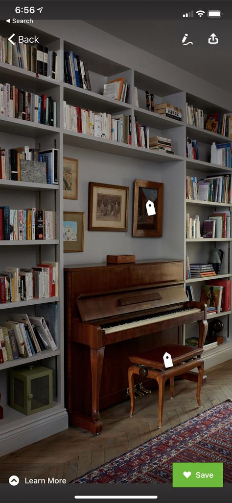 Piano Room Bookshelves, Piano Sitting Area, Shelves Over Piano, Piano Shelves Bookshelves, Rectangular Bay Window, Tv Room Library, Piano Room Library, Bookshelf With Piano, Library Room With Piano