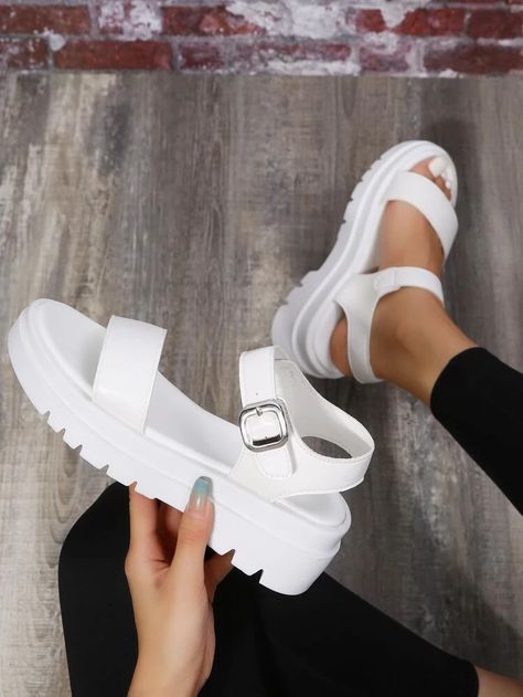 Women Buckle Design Single Band Ankle Strap Sport Sandals, Elegant Solid Minimalist Sport Sandals | SHEIN USA Trendy Slippers, Fancy Sandals, Feminine Shoes, Pretty Sandals, Trendy Shoes Sneakers, Fashion Shoes Heels, Cute Shoes Heels, Simple Sandals, Shoes Heels Classy