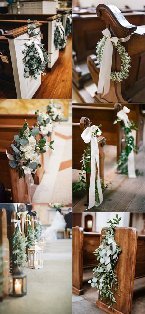 Countryside Themed Wedding, Wedding Decorations Altar, Outside Chapel Wedding Decorations, Chapel Wedding Ideas, Winter Wedding Pew Decorations, Simple Wedding Chapel Decorations, Wedding Chapel Flowers, Catholic Wedding Decor, Aisle Decorations Wedding Church