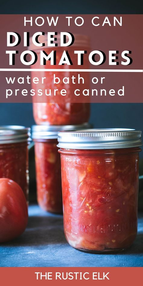 Perfect for beginners, this easy tutorial on how to can diced tomatoes will walk you through the easiest way to can tomatoes with instructions for both water bath canning and pressure canning! Learn how to easily can this pantry staple at home and flavor it up with things like basil and oregano with the listed recipe variations to make it your own! Pressure Canning Tomatoes Recipes, Ways To Can Tomatoes, Canning Diced Tomatoes Pressure Canner, How To Can Diced Tomatoes, Different Ways To Can Tomatoes, Canning Stewed Tomatoes Water Bath, How To Can Frozen Tomatoes, Canning Diced Tomatoes Water Bath, Canning Frozen Tomatoes