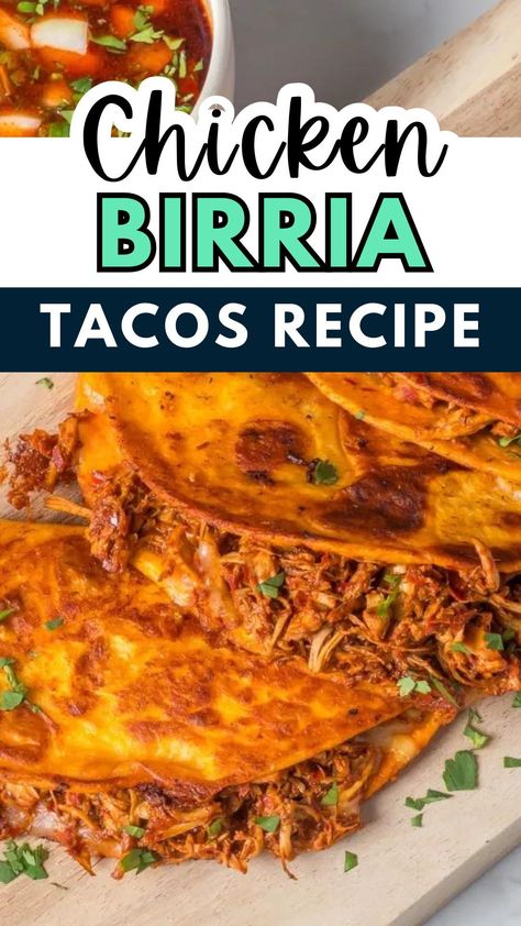 Chicken birria tacos are delicious and much easier to make than the beef. Grab you a crockpot or slow cooker and the rest cooks itself. Chicken Barbacoa Tacos, Chicken Birria Tacos Recipe Mexican Authentic, Burris Chicken Tacos, Birria Tacos Recipe Chicken, Shredded Chicken Birria Tacos, How To Make Barrio Tacos, Birria Chicken Tacos Recipe Crockpot, Chicken Quesabirria Tacos, Crock Pot Chicken Birria Tacos