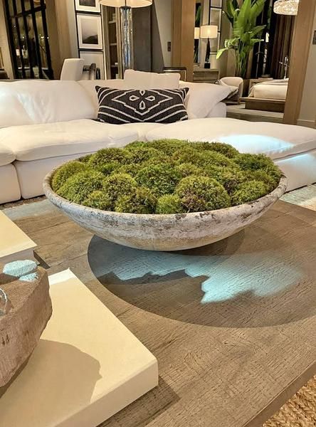 DIY Moss Bowl – Lollieandboo How To Make A Moss Planter, Moss In Planters, Moss Dining Table Centerpiece, Outdoor Table Plant Centerpieces, Bowl With Moss Centerpiece, Diy Moss Planter, Moss Arrangements Decor, Moss Coffee Table Decor, Dining Room Table Bowl Decor