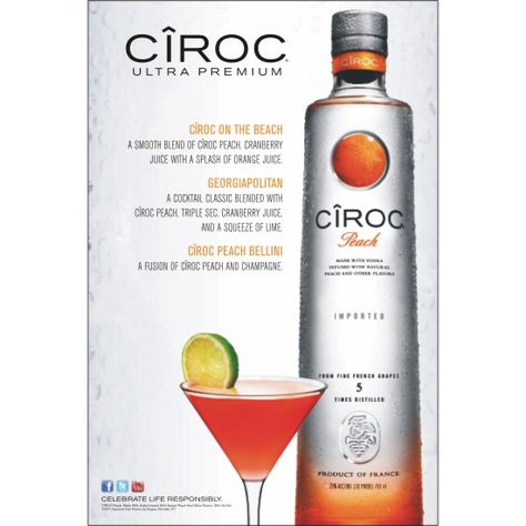 Ciroc PEACH= awesome VODKA.   CIROC the only vodka made from grapes is the fastest groing luxury vodka in world and U.S.   Here in U.S. it's growing 525% annually ! Ciroc Peach Mixed Drinks, Peach Ciroc Mixed Drinks, Ciroc Cocktails, Ciroc Drinks, Ciroc Peach, Catawba Grapes, Mom Juice, Luxury Vodka, Grapevine Tree