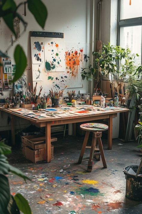 Art Studio At Home Basement, Art Studio Vision Board, Spare Room Art Studio, Art Studio Messy, Group Art Activities For Adults, Artist Workspace Aesthetic, Artist Studio Photoshoot, Artist Studio Workspaces, Art Office Studio