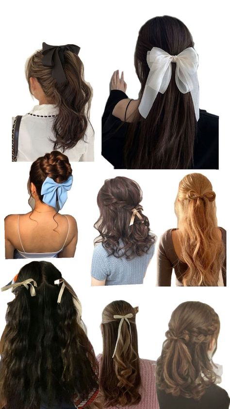 Hair Ribbons Hairstyles, Bow Tie Hair, Floral Prom Dresses, Graduation Hairstyles, Bow Hairstyle, Ribbon Hairstyle, Hair Ribbons, Peinados Fáciles Para Cabello Corto, Hair Up Styles