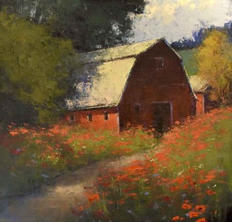 Romona Youngquist Paintings, Ramona Youngquist Paintings, Red Oil Painting Aesthetic, Old Barn Paintings, Romona Youngquist, Autumn Study, Red Barn Painting, Background Study, Gambrel Barn