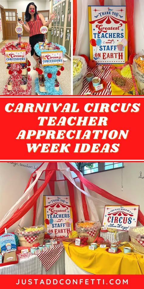 Step right up! If you are planning a PTA or PTO Carnival Circus Teacher Appreciation Week in the future, then this is the post for you! From our popcorn bar, staff luncheon, lottery ticket gifts, "chalk the walk" celebration, and our Circus Concessions carts...this post has so many fun teacher and staff appreciation ideas! Also, I designed a bunch of fun circus teacher appreciation themed decorations and printables. Find all of the party printables in my Just Add Confetti Etsy shop! Teachers Luncheon Ideas, Carnival Themed Teacher Appreciation, Teacher Appreciation Week Carnival Theme, Carnival Theme Staff Appreciation, Pta Luncheon Ideas, Pto Valentines For Teachers, Teacher Appreciation Luncheon Themes, Teacher Appreciation Week Pto Ideas, Sunshine Cart Ideas For Teachers