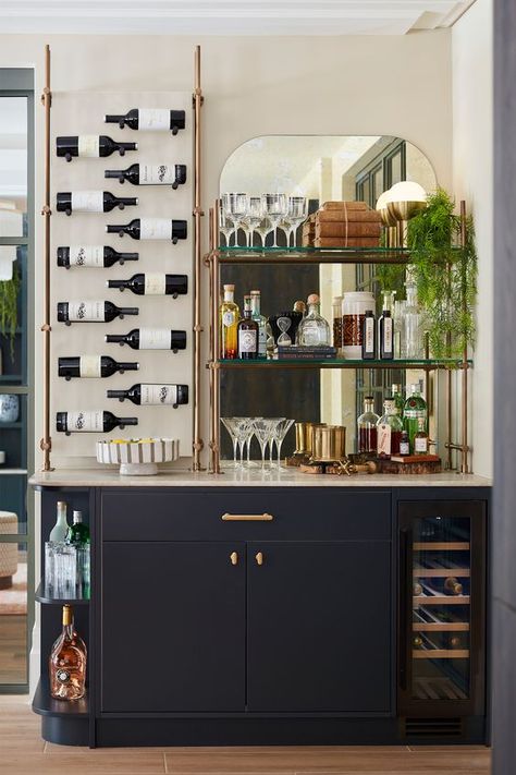 Living Room Drink Station, Small Home Bar With Seating, Home Bar Furniture Ideas, Bar Nook Decor, Simple Wine Rack Ideas, Small Bar Dining Room, Bar Cart With Storage, Bar That Opens To Outside, Wall Mounted Glass Cabinet