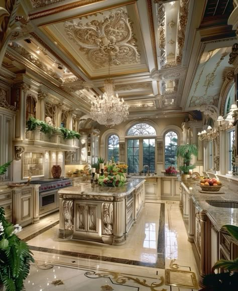 Big Luxury Kitchen, Grand Kitchen Luxury, Fancy House Interior, Huge Kitchen Luxury, Palace Kitchen, Luxury Kitchens Mansions, Manor Kitchen, Baroque Interior Design, Castle Kitchen