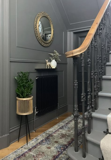 Panelled Staircase Hallways, Grey Hallway Ideas, Stairwell Ideas, Hall Ways, Panelled Walls, Hall Stairs, Grey Hallway, Victorian Hallway, Stairway Decorating