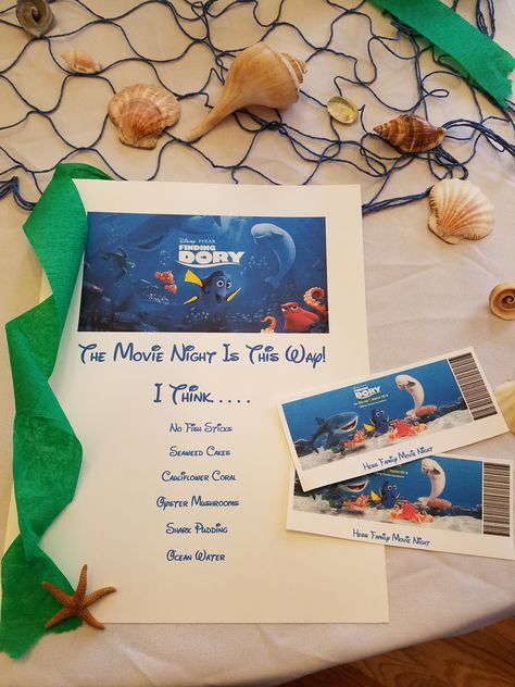 Finding Nemo Themed Food, Finding Dory Movie Night, Finding Nemo Movie Night, Movie Themed Dinner Ideas, Themed Dinner Ideas, Movie Themed Food, Movie Meals, Finding Dory Movie, Themed Dinners Ideas