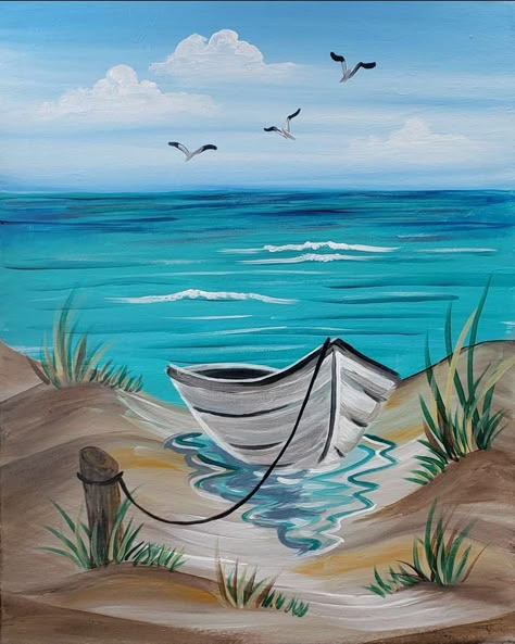 Beach Scene Painting, Beach Art Painting, Canvas Painting Tutorials, Summer Painting, Boat Painting, Landscape Art Painting, Ocean Painting, Diy Canvas Art Painting, Beach Painting