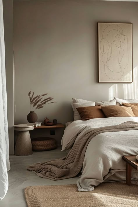 Bedroom In Earthy Tones, Grey Wall Bedroom Ideas Decor, Bedroom Bohemian Modern, Olive And Brown Bedroom, Brown Wall Room Aesthetic, Brown And Grey Bedding, Mid Century Minimalist Bedroom, Brown Tone Bedroom, Grey Bedding Bedroom Ideas