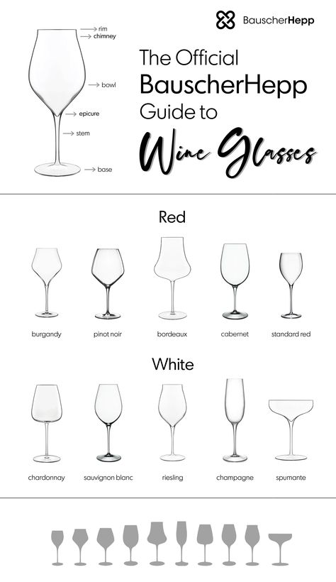 BauscherHepp's Guide to Wine Glasses Wine Glass Guide, Type Of Wine Glasses, Type Of Glasses For Drinks, Wine Glass Types, Wine Glasses Types, Wine Glasses For Different Wines, Types Of Wine Glasses Shape, Different Types Of Wine Glasses, Wine 101 Cheat Sheets