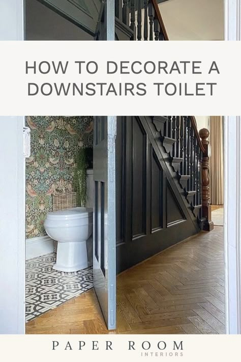 A step by step guide on how to decorate a downstairs toilet to create a practical and beautiful space for you and your guests. Downstairs Toilet Sloped Ceiling, Tiny Powder Rooms Under Stairs, Under Stairs Cloakroom Ideas, Scandi Downstairs Toilet, Understairs Bathroom Decor, Under The Stairs Powder Room Ideas, Tiny Understairs Toilet, Understairs Bathroom Idea, Under Stair Toilet Ideas