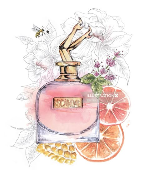 Decorative illustration for Scandal's perfume bottle Perfume Art Painting, Scandal Perfume, Kate Spade Perfume, Perfume Logo, Logo Online Shop, Perfume Art, Bottle Drawing, Alchemy Art, Creative Fashion Photography