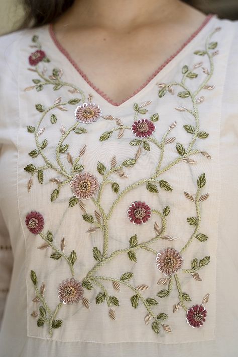 Ivory Floral Garden thread and Zardozi Embroidery Kurta Hand Embroidery Zardozi Designs, Hand Embroidery Yoke Designs, Embroidery Patterns For Kurtas, Kurta Neck Hand Embroidery Designs, Yoke Hand Embroidery Design, Embroidery On Kurtis Hand, Hand Zari Embroidery Designs, Thread Work Dress Designs, Handwork Design Unique Kurti