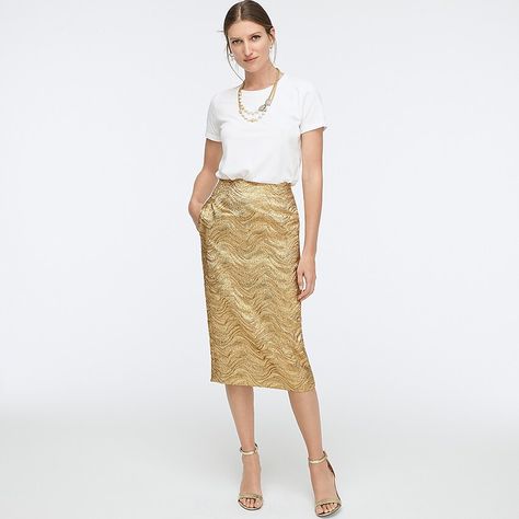 Collection Pencil Skirt In Metallic Leaf Jacquard : | J.Crew Pencil Skirt Outfit, Red Lace Skirt, Gold Pencil Skirt, Gold Pencil, Pencil Skirt Outfits, J Crew Collection, Jacquard Skirt, Skirt Outfit, Mini Velvet Dress