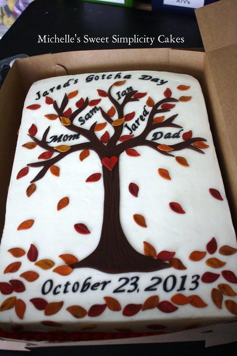 A very special family tree cake for a family adopting a foster care child. The Gotcha Day is the day the family “Gotcha” forever. 1/2 sheet cake with marshmallow fondant tree and leaf accents. Gotcha Cake Ideas, Adoption Cake Ideas Families, Adoption Cake Ideas, Got Ya Day Adoption Party, Adoption Cakes Gotcha Day, Adoption Cake, Fondant Tree, Family Tree Cakes, 75 Birthday Cake