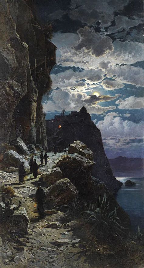 Nightly Walk of the Monks to the Mountain Monastery Athos' By Hermann Corrodi, 1888. 동화 삽화, Rennaissance Art, History Painting, Italian Painters, Wow Art, The Monks, Aesthetic Painting, Painting Wallpaper, Classical Art