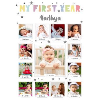 Baby 12 Year Frame, First Birthday Collage Ideas, My First Year Photo Frame, Baby Collage Ideas, Baby Photo Collage Ideas, Birthday Photo Frame Design, Birthday Frames Design, First Birthday Frame, Photo Collage Frames