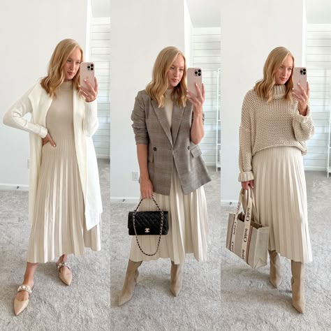 Ivory Midi Skirt Outfit, Pleated Sweater Skirt, Pleated Sweater Dress, Cream Pleated Skirt Outfit Winter, Beige Pleated Skirt Outfit Winter, Ivory Pleated Skirt Outfit, Winter Pleated Skirt Outfit, Cream Pleated Skirt Outfit, Beige Skirt Outfits