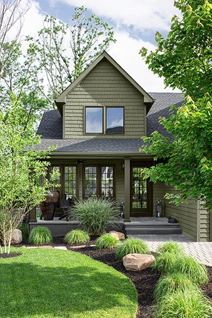 Cabin Outdoor Paint Colors, Benjamin Moore Bear Creek Exterior, Exterior Olive Green House, Exterior House Green Color Schemes, Gray Green House Paint Exterior, Green Siding Brown Trim, Shades Of Green Exterior House Paint, Benjamin Moore Adirondack Green, Sage House Exterior Color Palettes