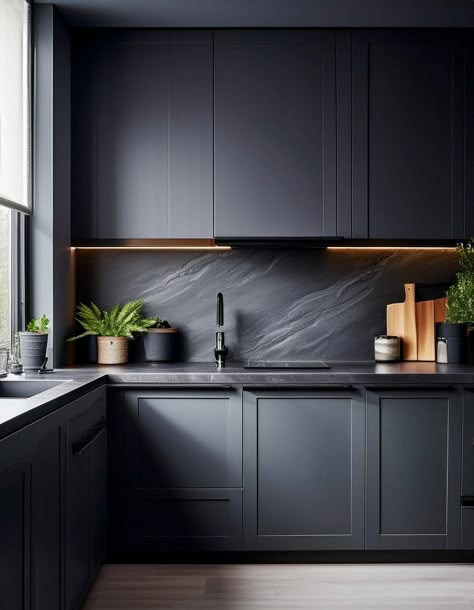 Charcoal Gray Backsplash Dark Grey Wall Kitchen, Charcoal Tile Backsplash, Black Backsplash With Grey Cabinets, Black Kitchen With Grey Countertop, Dark Gray Countertops Kitchen, Gray Countertops Kitchen, Charcoal Kitchen Cabinets, Dark Gray Countertops, Small Coastal Kitchen Ideas