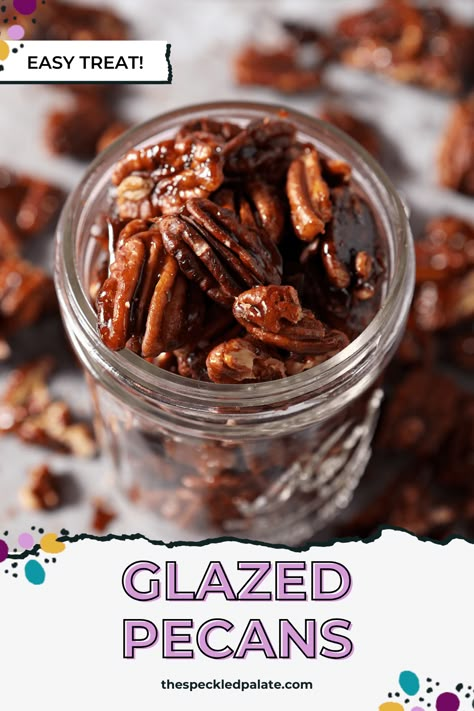 Want to make an easy sweet treat to enjoy throughout the holiday season? These glazed pecans call for just 5 ingredients and are an easy recipe to make for snacking, sharing and beyond. #EasyEntertaining #SpeckledPalate Easy Holiday Baking, Great Snacks, Pecan Sauce, Glazed Pecans, Homemade Recipes Dessert, Nut Recipes, Pecan Recipes, Easy Snack Recipes, Candied Pecans