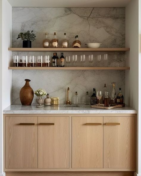 Studio Mcgee Wet Bar, Wet Bar Floating Shelves Ideas, Hallway Bar Ideas, Marble Kitchen Shelves, Modern Bar Basement, Built In Bar In Dining Room, Wet Bar Shelves, Wet Bar In Living Room, Bar Nook In Living Room