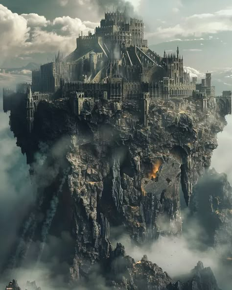 The image is of a castle on a floating rock. The castle is made of black stone and has a gothic style ->> more details in ai-img-gen.com Fantasy City Art, Stone Kingdom, Dnd Landscape, Medieval Environment, Floating Castle, Gothic Castles, Daughters Of Darkness, Ruined Castle, Stone Castle