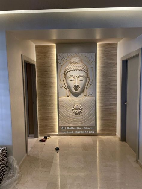 Buddha Foyer Design, Buddha Statue Home Entrance, Buddha Mural, Staircase Glass Design, Yoga Spaces, Room Tiles Design, Duplex Wall, Buddha Statue Home, Buddha Wall Decor