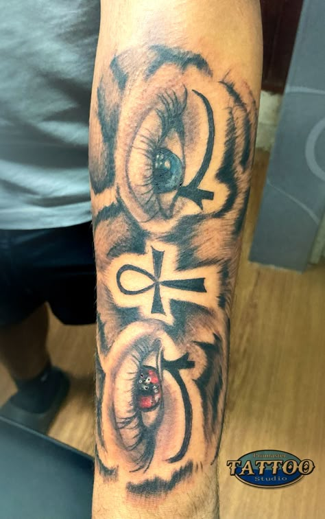 Eye Of Ra Tattoo Design For Men, Black Spiritual Tattoos, Ancient Egyptian Tattoo Sleeve, Eye Of Ra Tattoo Men, Naruto Eye Tattoo, 2 Eyes Tattoo, Eye Of Rah Tattoo, Black And Red Tattoo Men, Eyes Arm Tattoo