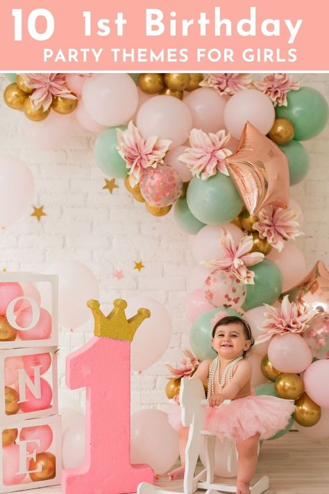 Celebrate your baby girl 1st birthday party with my selection of popular first birthday girl themes. Host a princess first birthday party or a Minnie mouse party with my cute first birthday party decorations. Find unique 1 st birthday themes such as bee day party or sweet as a peach to celebrate your daughter turning one. Click the link to find more 1st birthday girl party ideas themes to help you celebrate your daughter’s birthday. 1st Birthday Themes Girl, Baby First Birthday Themes, 1st Birthday Girl Decorations, Princess Theme Birthday, 1st Birthday Party For Girls, Princess Theme Birthday Party, Girls Birthday Party Themes, 1st Birthday Party Decorations