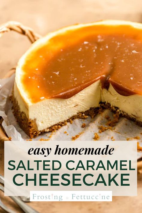 This easy homemade cheesecake with salted caramel is so smooth, delicious and easy to make! It has salted caramel sauce in the cheesecake batter and slathered on top. You can use either store bought or homemade caramel, either way you can't go wrong! Creamy Caramel Cheesecake, Cheesecake Factory Salted Caramel Cheesecake, Sea Salt Caramel Cheesecake Recipe, Caramel Cheesecake Topping, No Bake Cheesecake Caramel, Easy Salted Caramel Cheesecake, Carmel Cheesecake Topping, Cheesecake With Caramel Topping, Sea Salt Caramel Cheesecake