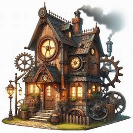 a small rural steampunk house - Image Creator from Microsoft Designer Steampunk House Exterior Concept Art, Steampunk Interior Concept Art, Steampunk Factory Concept Art, Steampunk Building Concept Art, Steampunk House Concept Art, Steampunk House Exterior, Steam Punk House, Steampunk House Minecraft, Minecraft Steampunk House