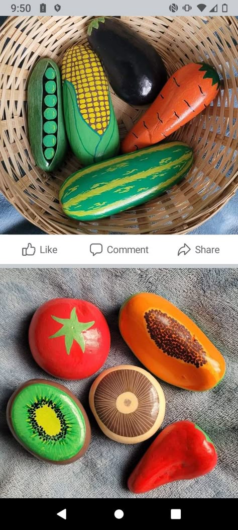 Rock Painting Food Stones, Painted Garden Rocks Vegetables, Rock Fruit Painting Ideas, Painted Rocks Fruits And Vegetables, Rock Play Food, Rock Painting Fruits And Veggies, Cute Rock Painting Ideas Easy Food, Fruit Rock Painting Ideas, Painted Rocks Kids Food