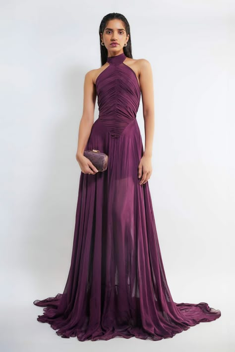 Buy Purple Malai Lycra Plain Halter Neck Kerstin Ruched Pleated Gown For Women by Deme by Gabriella Online at Aza Fashions. Ruched Gown, Halter Neck Gown, Pleated Gown, Drape Gowns, The Flare, Gown For Women, Party Fits, Ladies Gown, Indian Designer Wear