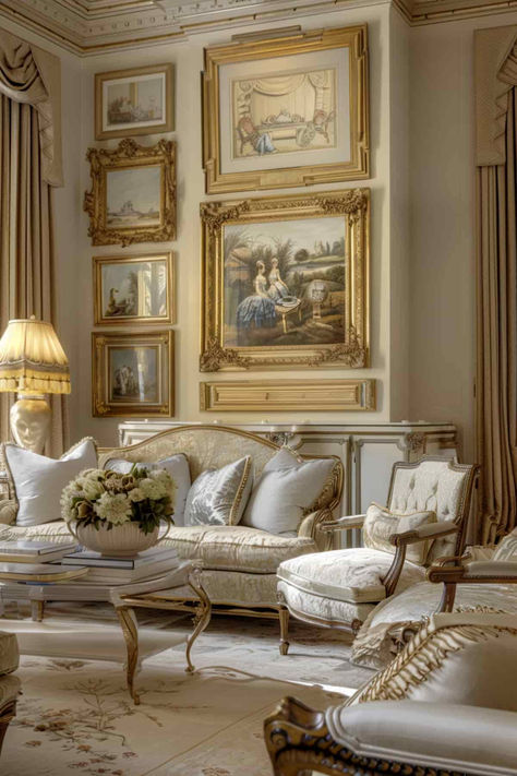 36 French Country Living Room Ideas That Embody Rustic Elegance Traditional Living Room Furniture French Country, French Style Couch, Cream And White Decor, French Provential Home Interior, Old French Living Room, Living Room French, French Style Wardrobe, French Country Living Room With Leather Sofa, Vintage French Country Living Room