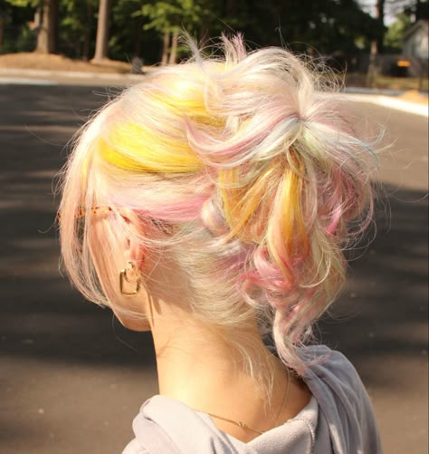 Captions For Dyed Hair, Fun Colored Hair For Blondes, Starburst Hair Color, Blonde Hair With Yellow Highlights, Stripe Of Color In Hair, Watercolor Hair Dye, Dyed Tips On Blonde Hair, Pops Of Color In Blonde Hair, Styling Pink Hair