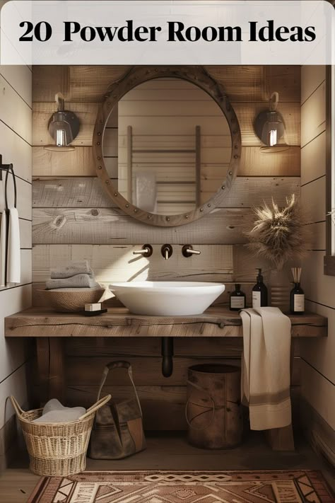 Bring warmth and charm to your powder room with reclaimed wood accents, vintage-inspired fixtures, and cozy textiles for a rustic yet refined look Country Half Bathroom Ideas, Bear Theme Bathroom, Farmhouse Half Bath Ideas, Cabin Inspired Bathroom, Antique Half Bath, Small Farmhouse Powder Room, Unique Bathroom Sink Ideas, Vintage Rustic Bathroom Ideas, Natural Powder Room