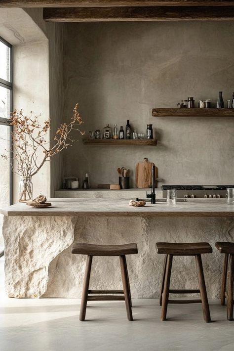 Minimalist Sanctuary Wabi Sabi Black And White, Wabi Sabi Minimalism, Wabi Sabi Home Decor Ideas, Diy Wabi Sabi Decor, Wabi Sabi Material Board, Kitchen Boho Ideas, Lime Wash Kitchen, Wabi Sabi Kitchen Design, Wabi Sabi Kitchen Inspiration