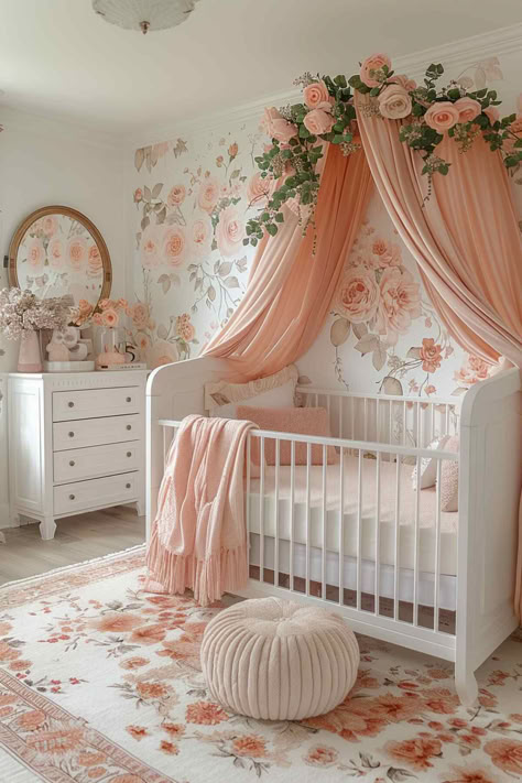 50 Simply Adorable Baby Girl Nursery Ideas You’ll Love! Rose Gold Nursery Ideas, Peony Nursery Theme, Newborn Girl Room Ideas, Baby Girl Room Ideas Toddler, Gold And Pink Nursery Decor, Apartment Nursery One Bedroom, Pink Floral Nursery Ideas, Pink Forest Nursery, Unique Nursery Ideas Neutral