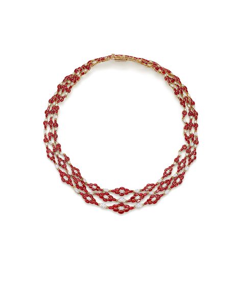 Ganjam necklace, from the Ikat collection, set with diamonds and rubies and inspired by the traditional Ikat weave of India. Ganjam Jewellery, High Jewelry Necklace, Ruby Diamond Necklace, Titanic Jewelry, Ruby Woo, Noble Lady, Lotus Jewelry, Polo Match, Elegant Jewellery