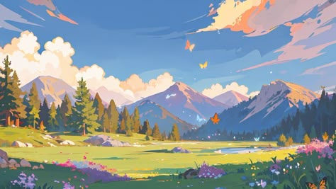 Anime Scenery Wallpaper Landscapes Pc, Landscape Art Wallpaper Desktop, Anime Illustration Art Wallpaper Desktop, Cute Environment Art, Ghibli Art Landscape, Kawaii Background Landscape, Illustration Art Wallpaper Desktop, Beutifull Landscape, Pixel Art Fantasy Landscape